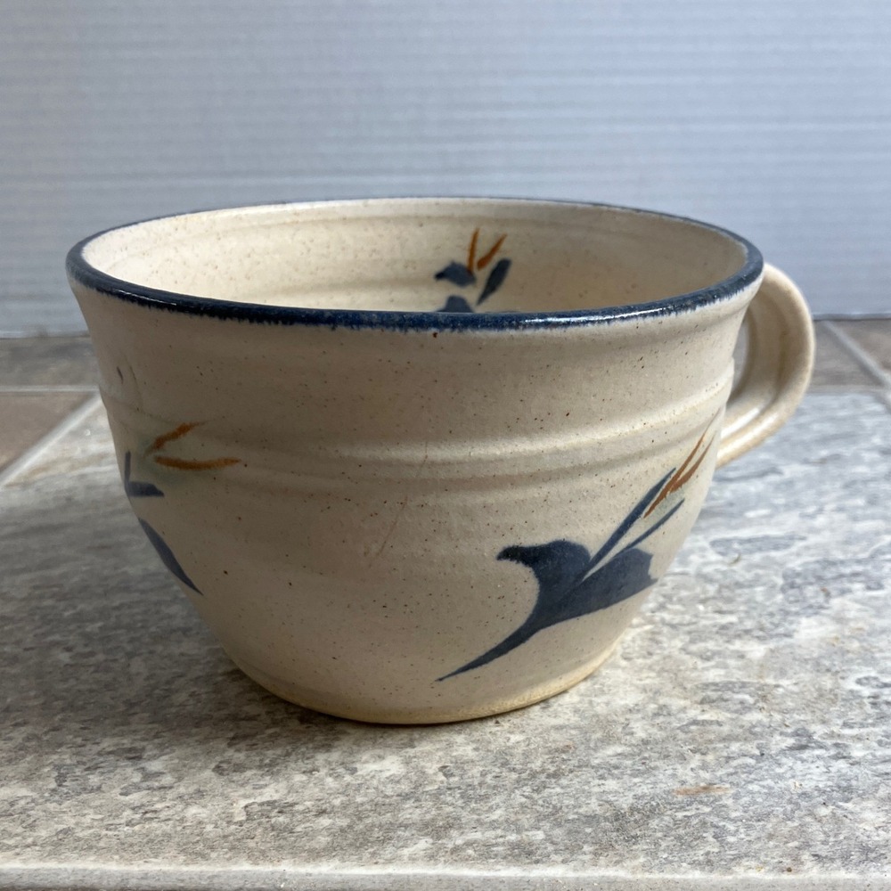 Handmade Ceramic Soup‎ Mug Bird Design Blue Trim Pottery Kitchenware